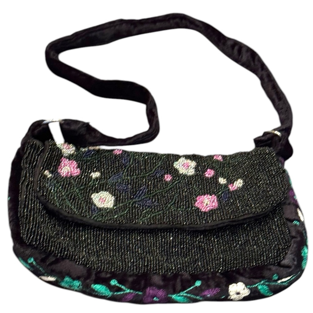 Vintage Velvet Handmade Floral Embellished Black micro beaded Shoulder Bag